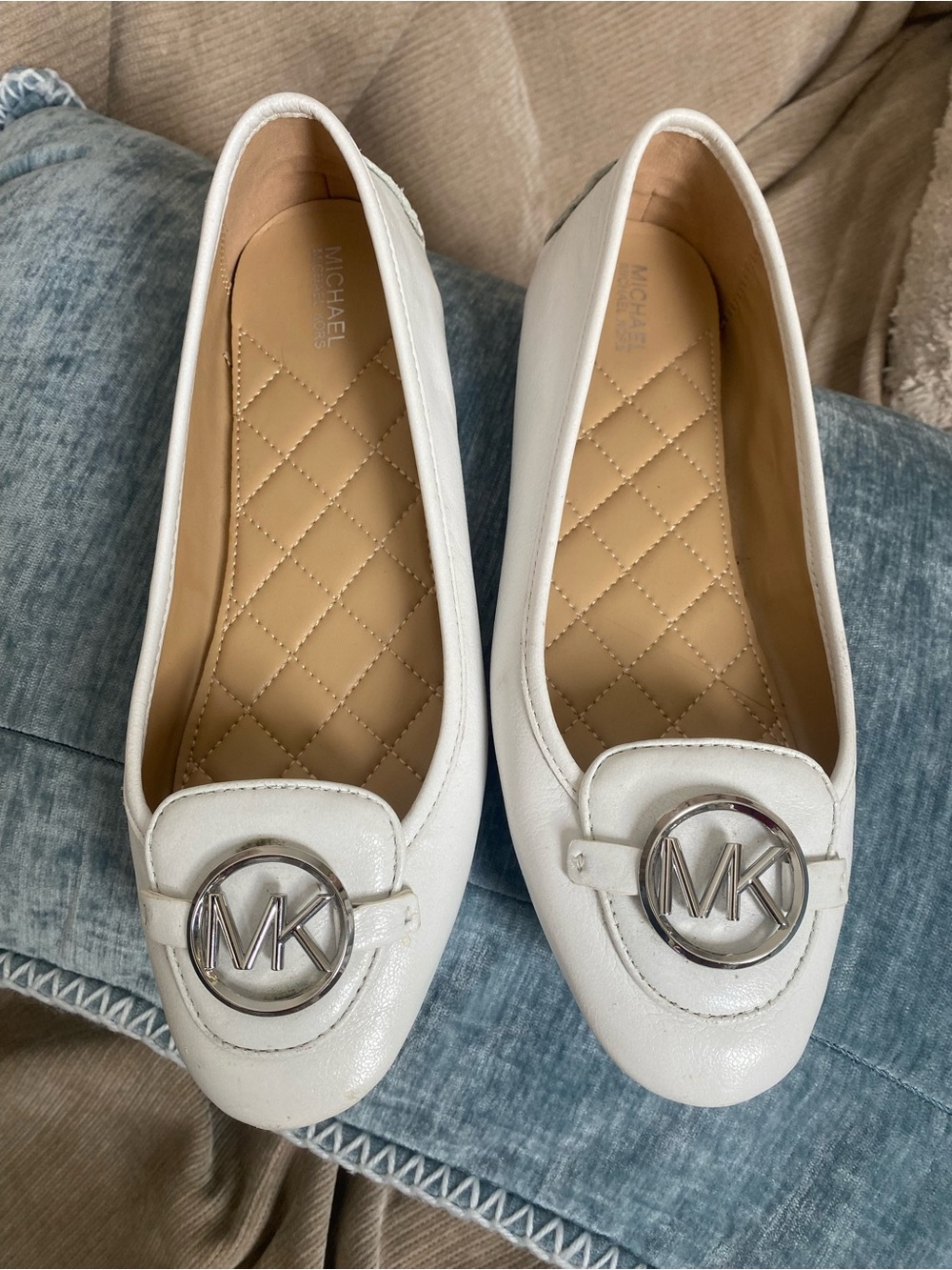 MICHAEL Michael Kors White Leather MK Logo Round-Toe Flats